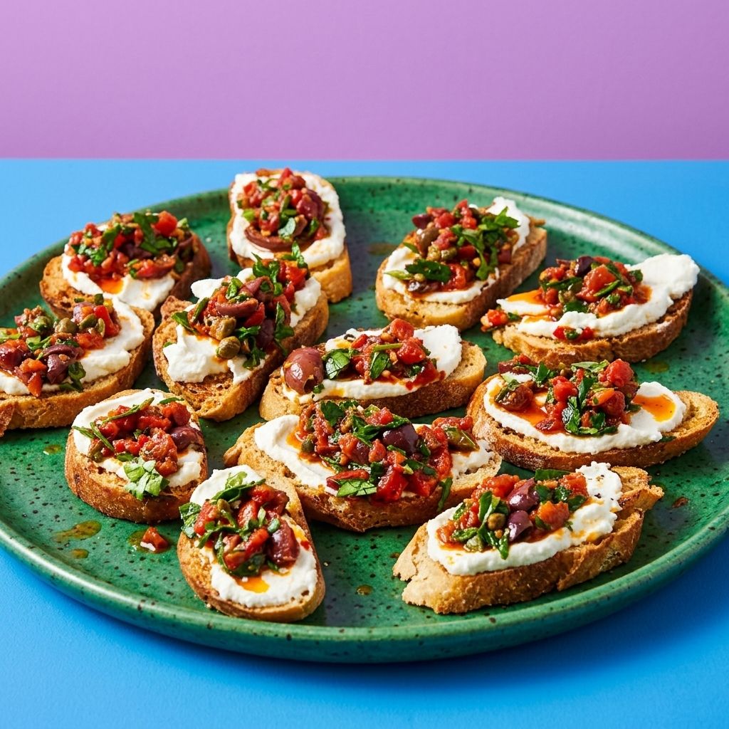 Puttanesca crostinis with whipped ricotta